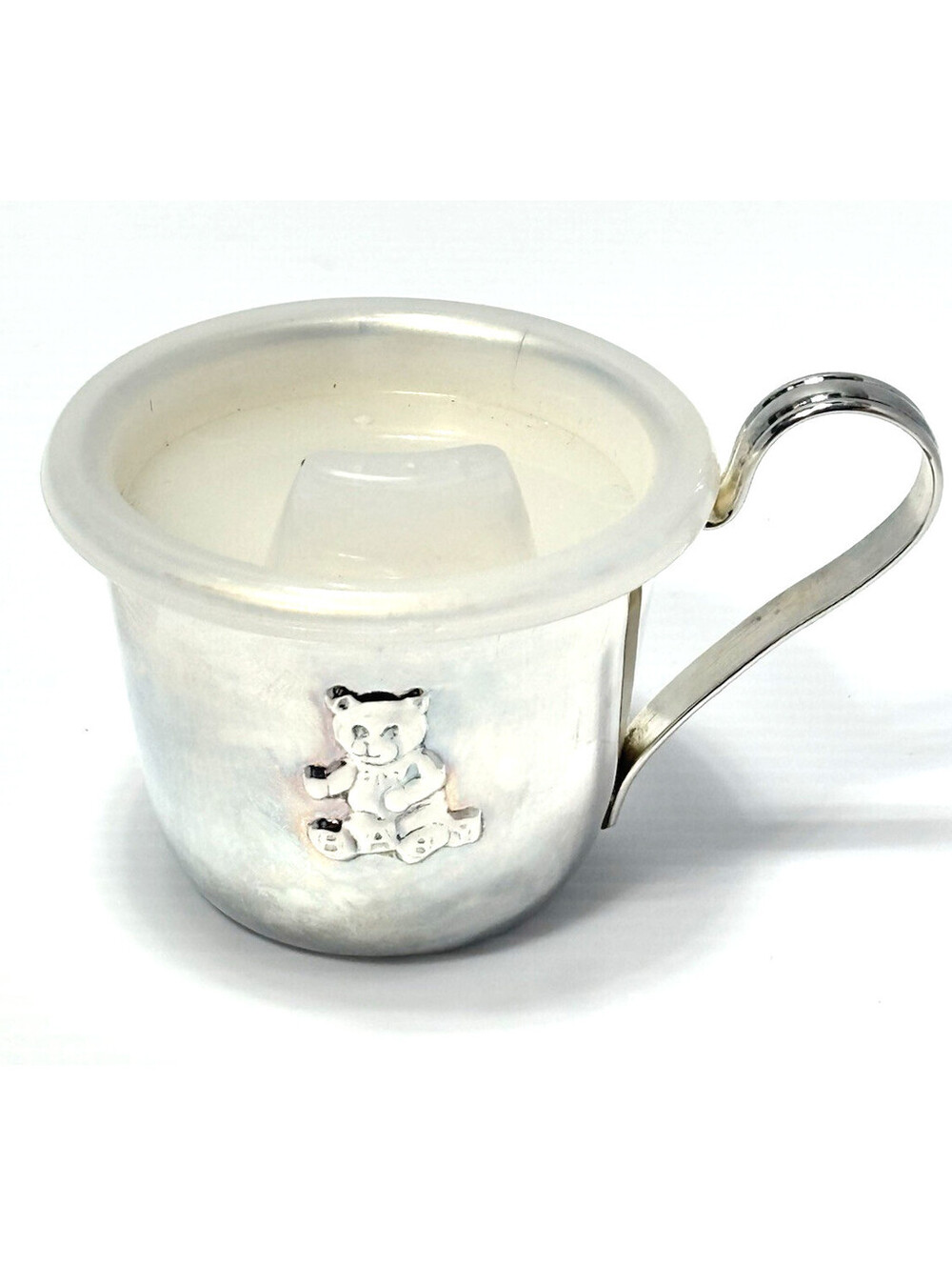 Elegance Silver Plated Teddy Bear Baby Cup With Plastic Sippy Lid Vintage *As is